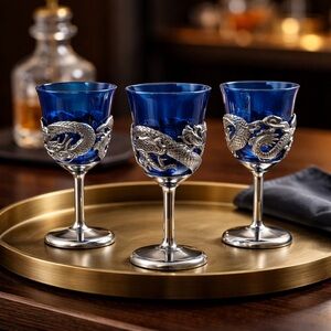 Blue Dragon-Embossed Mini Wine Glasses - Set of 3